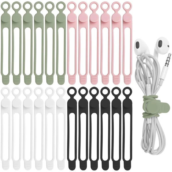 Nearockle 24Pcs Silicone Cable Straps Cord Organizer for Bundling Earphone, Phone Charger, Computer Cords, Reusable Cable Ties Wire Organizer in Home,Office,Kitchen,School (4...