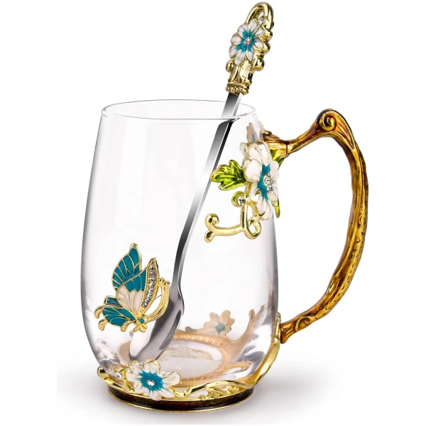OEAGO Birthday Gifts for Women Mom Glass Coffee Enamels Mug Best Mothers Day Butterfly Gifts for Her from Daughter Son Lead-Free Christmas Tea Cup with Spoon Sets