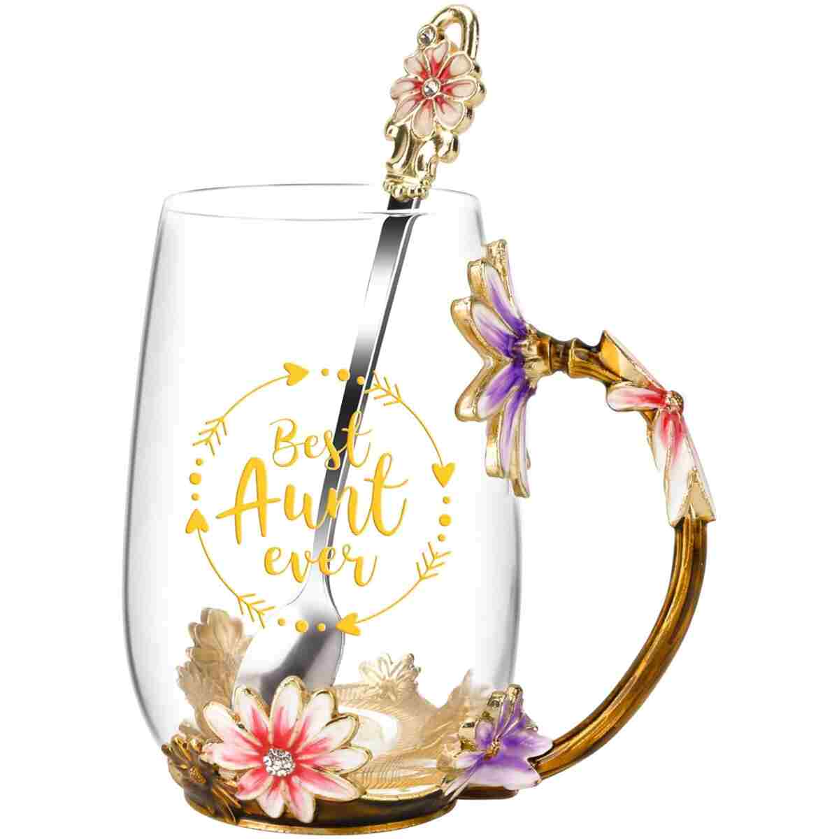 OEAGO Gifts for Aunt from Niece Nephew Tea Cup Cool Birthday Gift Enamel Flower Glass Mugs Christmas Mothers Day New Aunt Announcement Promoted