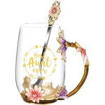 OEAGO Gifts for Aunt from Niece Nephew Tea Cup Cool Birthday Gift Enamel Flower Glass Mugs Christmas Mothers Day New Aunt Announcement Promoted