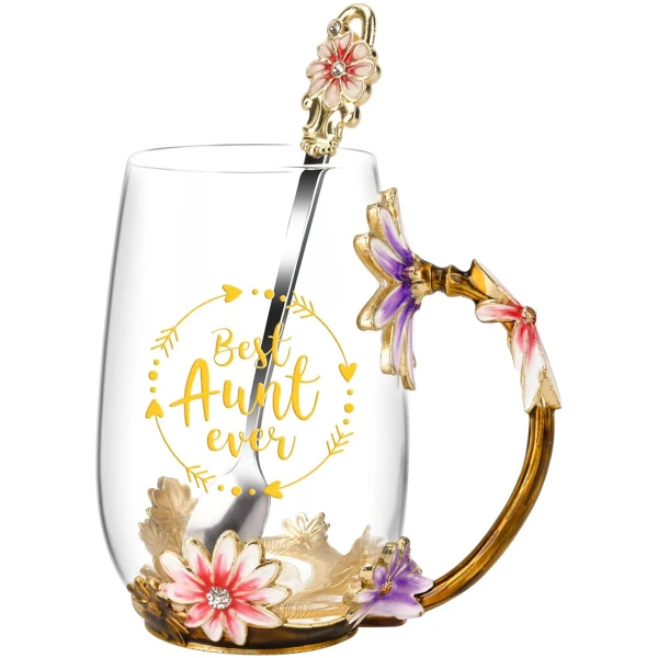 OEAGO Gifts for Aunt from Niece Nephew Tea Cup Cool Birthday Gift Enamel Flower Glass Mugs Christmas Mothers Day New Aunt Announcement Promoted