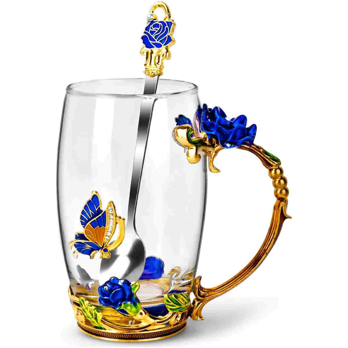 OEAGO Gifts for Mom Women Mothers Day Glass Coffee Enamels Mug Best Birthday Butterfly Rose Gifts for Her from Daughter Son Lead-Free Christmas Blue Tea Cup with Spoon Set