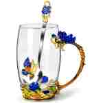 OEAGO Gifts for Mom Women Mothers Day Glass Coffee Enamels Mug Best Birthday Butterfly Rose Gifts for Her from Daughter Son Lead-Free Christmas Blue Tea Cup with Spoon Set