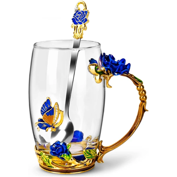 OEAGO Gifts for Mom Women Mothers Day Glass Coffee Enamels Mug Best Birthday Butterfly Rose Gifts for Her from Daughter Son Lead-Free Christmas Blue Tea Cup with Spoon Set