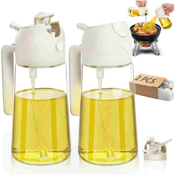 Oil Sprayer for Cooking 2pcs,2 in 1 Oil Dispenser and Oil Sprayer Kitchen Gadgets-16oz Glass Oil Spray Bottle,Mist Olive Oil Dispenser for Kitchen,Air Fryer,Salad, Grill (White...