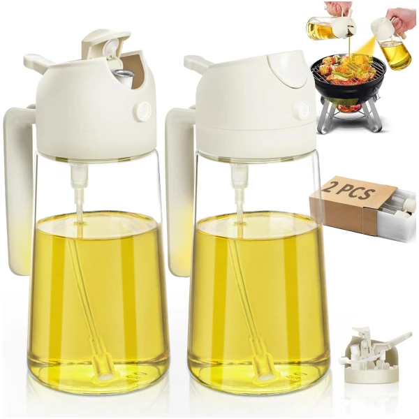 Oil Sprayer for Cooking 2pcs,2 in 1 Oil Dispenser and Oil Sprayer Kitchen Gadgets-16oz Glass Oil Spray Bottle,Mist Olive Oil Dispenser for Kitchen,Air Fryer,Salad, Grill (White...