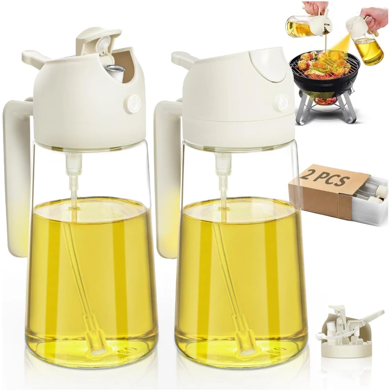 Oil Sprayer for Cooking 2pcs,2 in 1 Oil Dispenser and Oil Sprayer Kitchen Gadgets-16oz Glass Oil Spray Bottle,Mist Olive Oil Dispenser for Kitchen,Air Fryer,Salad, Grill (White...