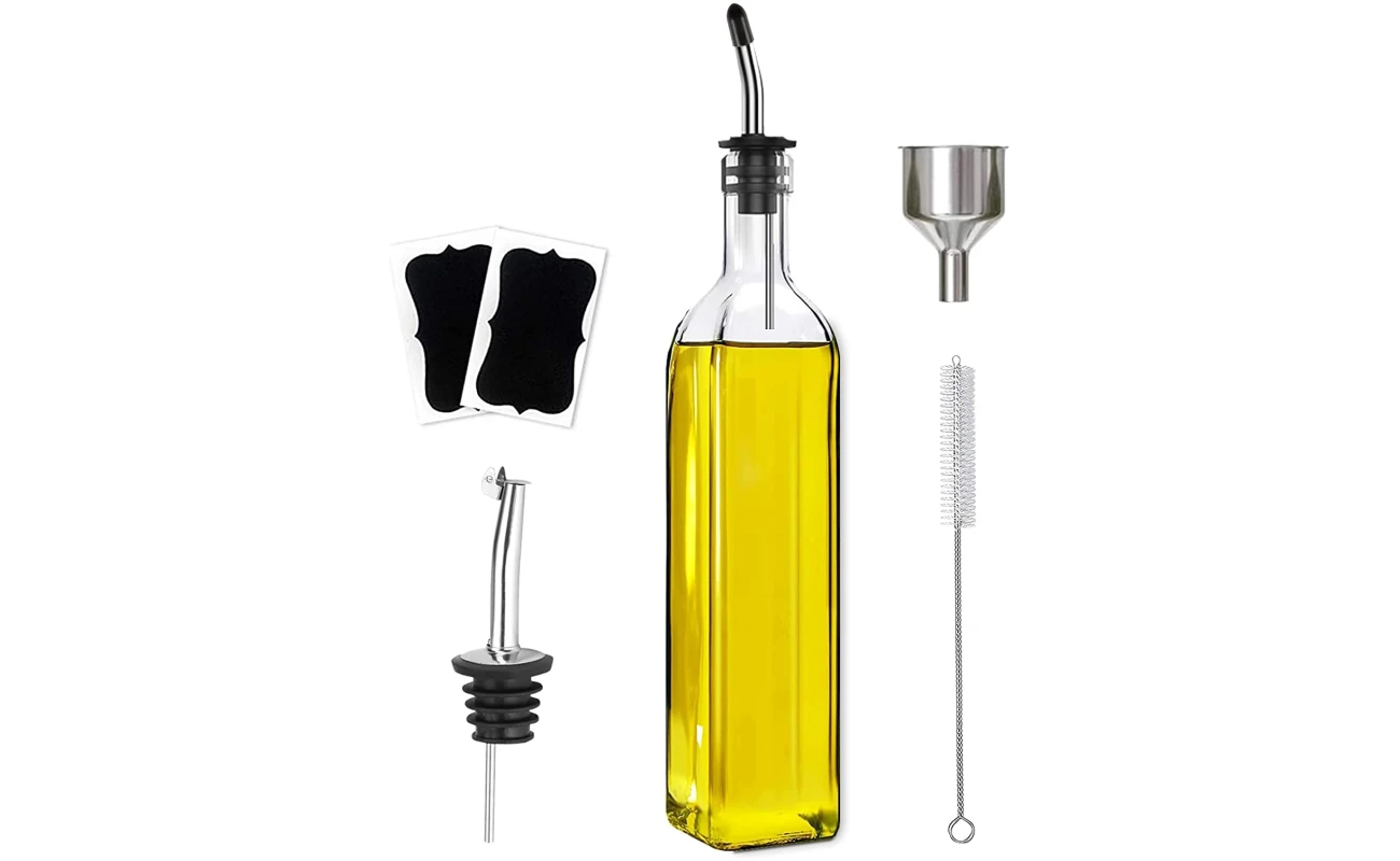 Olive Oil Dispenser Bottle, 1 Pcs Glass Olive Oil Dispenser and Vinegar Dispenser Set with 2 Stainless Steel Pourers, 2 Labels,1 Brush and 1 Funnel Oil Bottles for Kitchen (500ml)