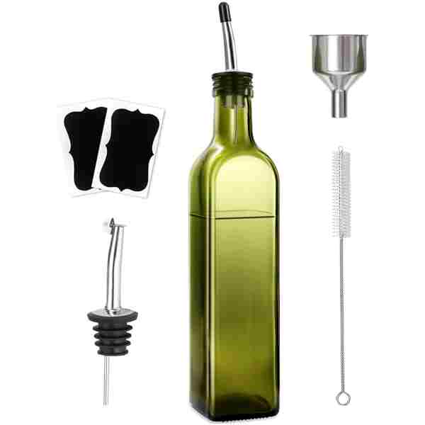Olive Oil Dispenser Bottle, 1 Pcs Green Glass Olive Oil Dispenser and Vinegar Dispenser Set with 2 Stainless Steel Pourers, 2Labels,1 Brush and 1 Funnel Oil Bottles for Kitchen,...