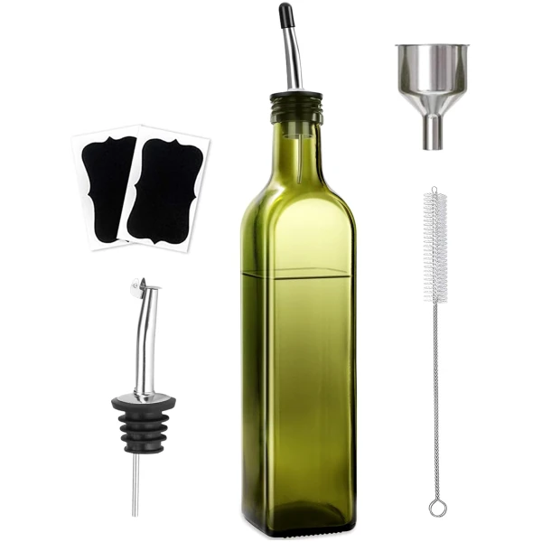 Olive Oil Dispenser Bottle, 1 Pcs Green Glass Olive Oil Dispenser and Vinegar Dispenser Set with 2 Stainless Steel Pourers, 2Labels,1 Brush and 1 Funnel Oil Bottles for Kitchen,...