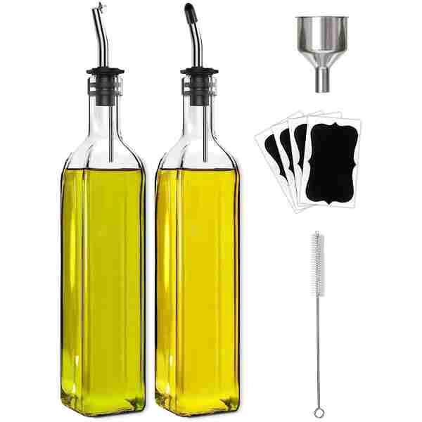 Olive Oil Dispenser Bottle, 2 Pcs Glass Olive Oil Dispenser and Vinegar Dispenser Set with 2 Stainless Steel Pourers, 4 Labels,1 Brush and 1 Funnel Oil Bottles for Kitchen (500ml)