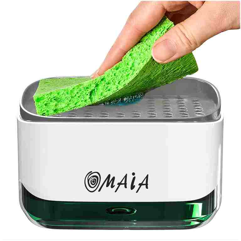 OMAIA 2-in-1 Dish Soap Dispenser with Sponge Holder - Smart Kitchen Gadget - Sink Countertop Organizer
