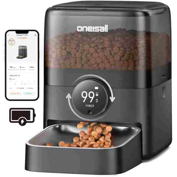 oneisall Automatic Cat Feeder, WiFi Rechargeable Cordless Pet Feeder, 100 Day Battery Operated Pet Feeder, 12 Cups/3L Timed Cat Food Dispenser for Large Kibble, Smart App...