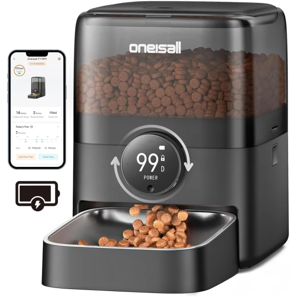 oneisall Automatic Cat Feeder, WiFi Rechargeable Cordless Pet Feeder, 100 Day Battery Operated Pet Feeder, 12 Cups/3L Timed Cat Food Dispenser for Large Kibble, Smart App...