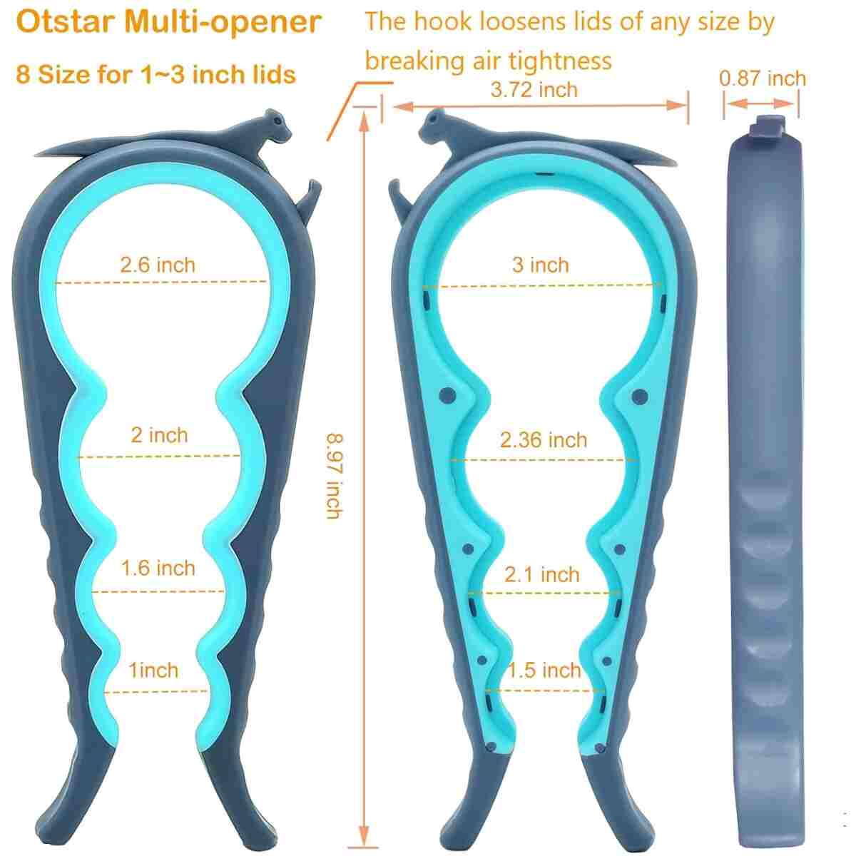 Otstar Jar Opener Bottle Opener and Can Opener for Weak hands, Seniors with Arthritis and Anyone with Low Strength, Mutil Jar Opener Get Lids Off Easily (Blue and Grey)