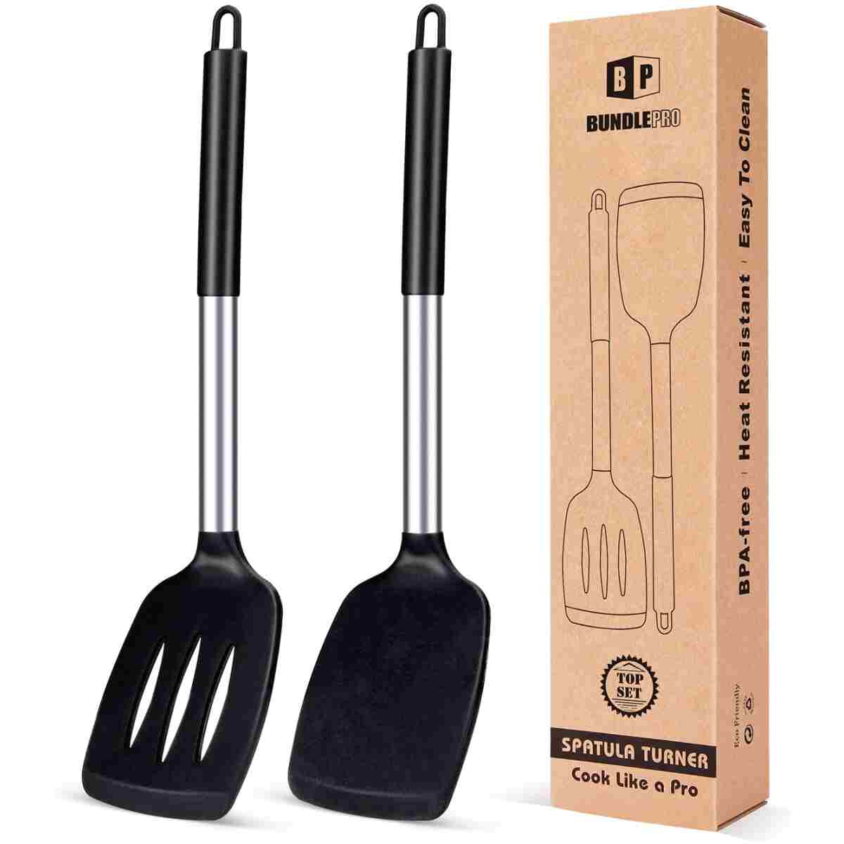 Pack of 2 Silicone Solid Turner, Non Stick Slotted Kitchen Spatulas, High Heat Resistant BPA Free Cooking Utensils, Ideal Cookware for Fish, Eggs, Pancakes(Black)