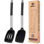 Pack of 2 Silicone Solid Turner, Non Stick Slotted Kitchen Spatulas, High Heat Resistant BPA Free Cooking Utensils, Ideal Cookware for Fish, Eggs, Pancakes(Black)