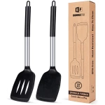 Pack of 2 Silicone Solid Turner, Non Stick Slotted Kitchen Spatulas, High Heat Resistant BPA Free Cooking Utensils, Ideal Cookware for Fish, Eggs, Pancakes(Black)