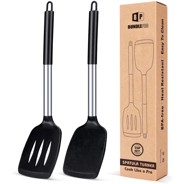 Pack of 2 Silicone Solid Turner, Non Stick Slotted Kitchen Spatulas, High Heat Resistant BPA Free Cooking Utensils, Ideal Cookware for Fish, Eggs, Pancakes(Black)