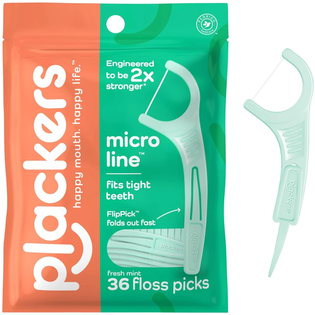 Plackers Micro Line Dental Floss Picks, Fold-Out FlipPick, Tuffloss, Easy Storage with Sure-Zip Seal, Fresh Mint Flavor, 36 Count (Packaging May Vary)