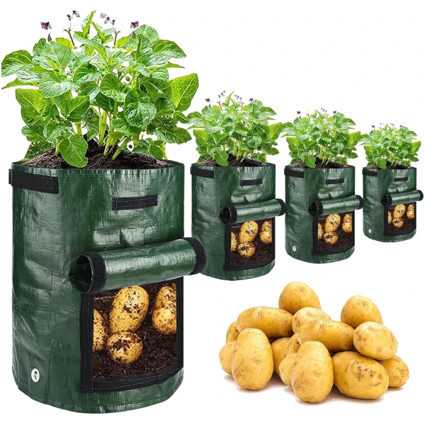 Potato Grow Bags, 4 Pack 10 Gallon with Flap and Handles Planter Pots for Onion, Fruits, Tomato, Carrot - Green