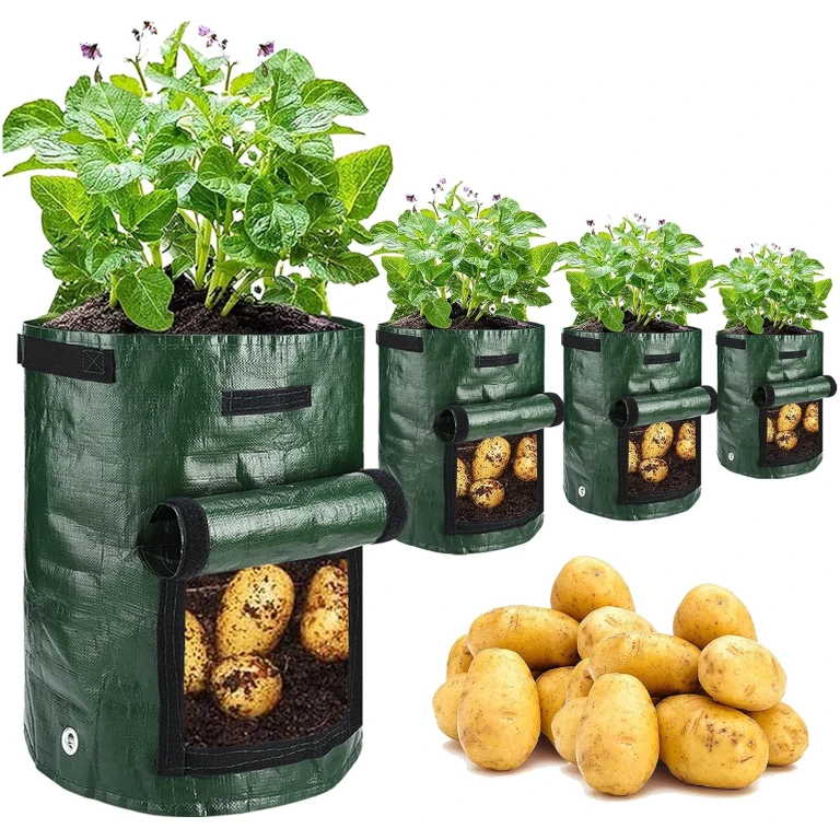 Potato Grow Bags, 4 Pack 10 Gallon with Flap and Handles Planter Pots for Onion, Fruits, Tomato, Carrot - Green