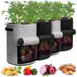 Potato Grow Bags with Flap 10 Gallon, 4 Pack Planter Pot with Handles and Harvest Window for Potato Tomato and Vegetables, Black and Gray