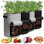 Potato Grow Bags with Flap 10 Gallon, 4 Pack Planter Pot with Handles and Harvest Window for Potato Tomato and Vegetables, Black and Gray