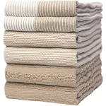 Premium Kitchen Towels (20”x 28”, 6 Pack) | Large Cotton Kitchen Hand Towels | Flat & Terry Dish Towel | Highly Absorbent Tea Towels Set with Hanging Loop | Tan