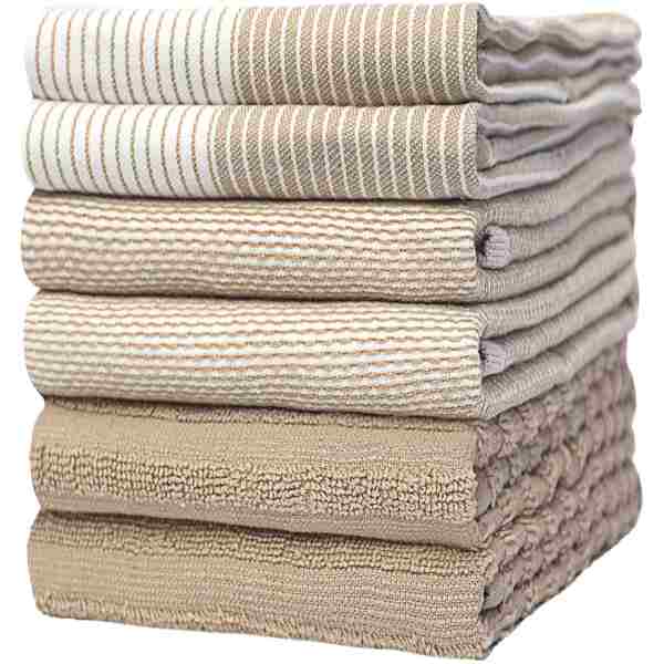 Premium Kitchen Towels (20”x 28”, 6 Pack) | Large Cotton Kitchen Hand Towels | Flat & Terry Dish Towel | Highly Absorbent Tea Towels Set with Hanging Loop | Tan