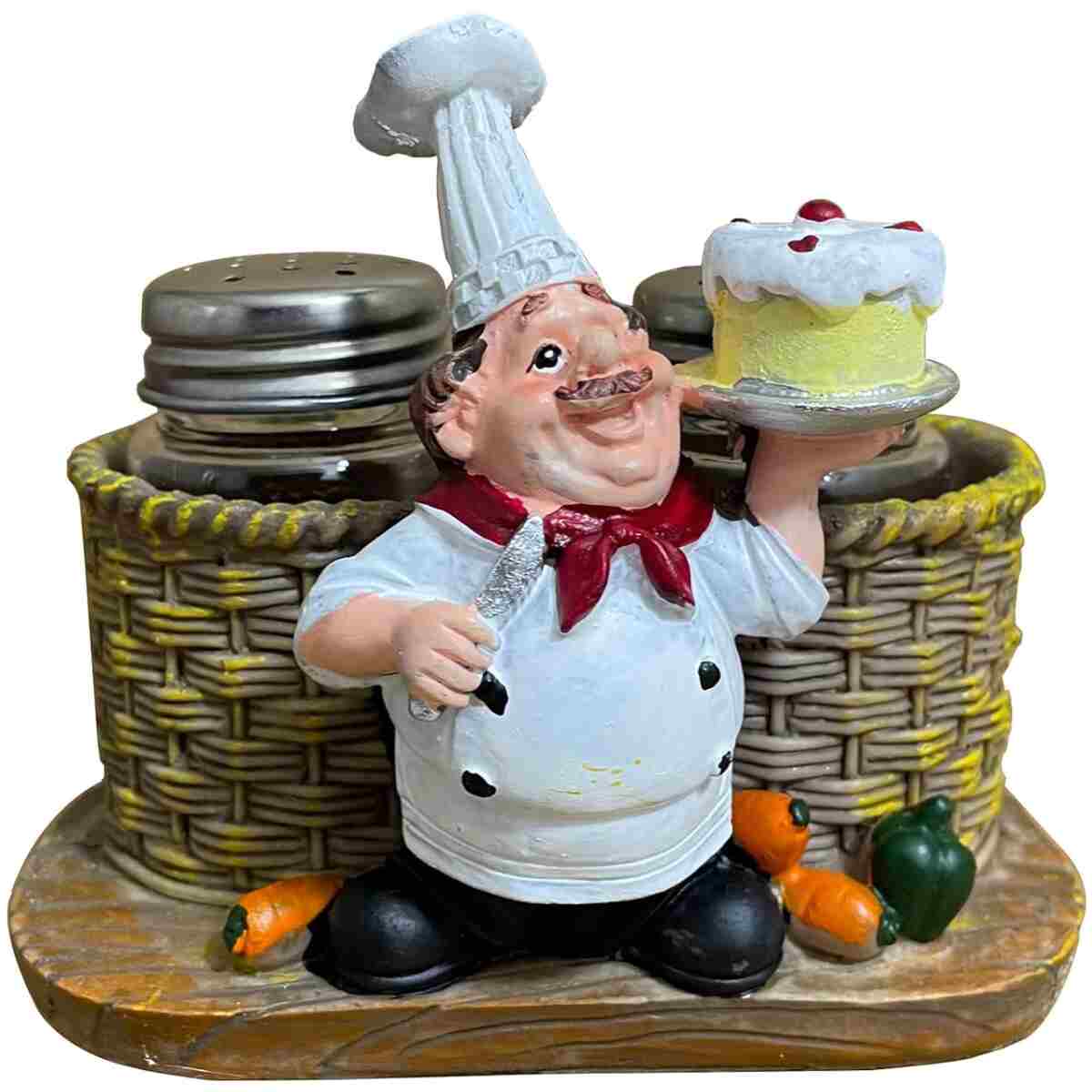 Premium Salt And Pepper Seasoning Shakers Sets - Holding Cake French Chef Sculpture Decoration for Cafe, Steak House, Burger Restaurant,Bakery,Family Dining Table,Kitchen Gadget