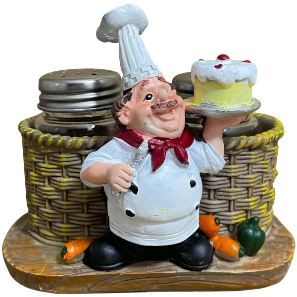 Premium Salt And Pepper Seasoning Shakers Sets - Holding Cake French Chef Sculpture Decoration for Cafe, Steak House, Burger Restaurant,Bakery,Family Dining Table,Kitchen Gadget