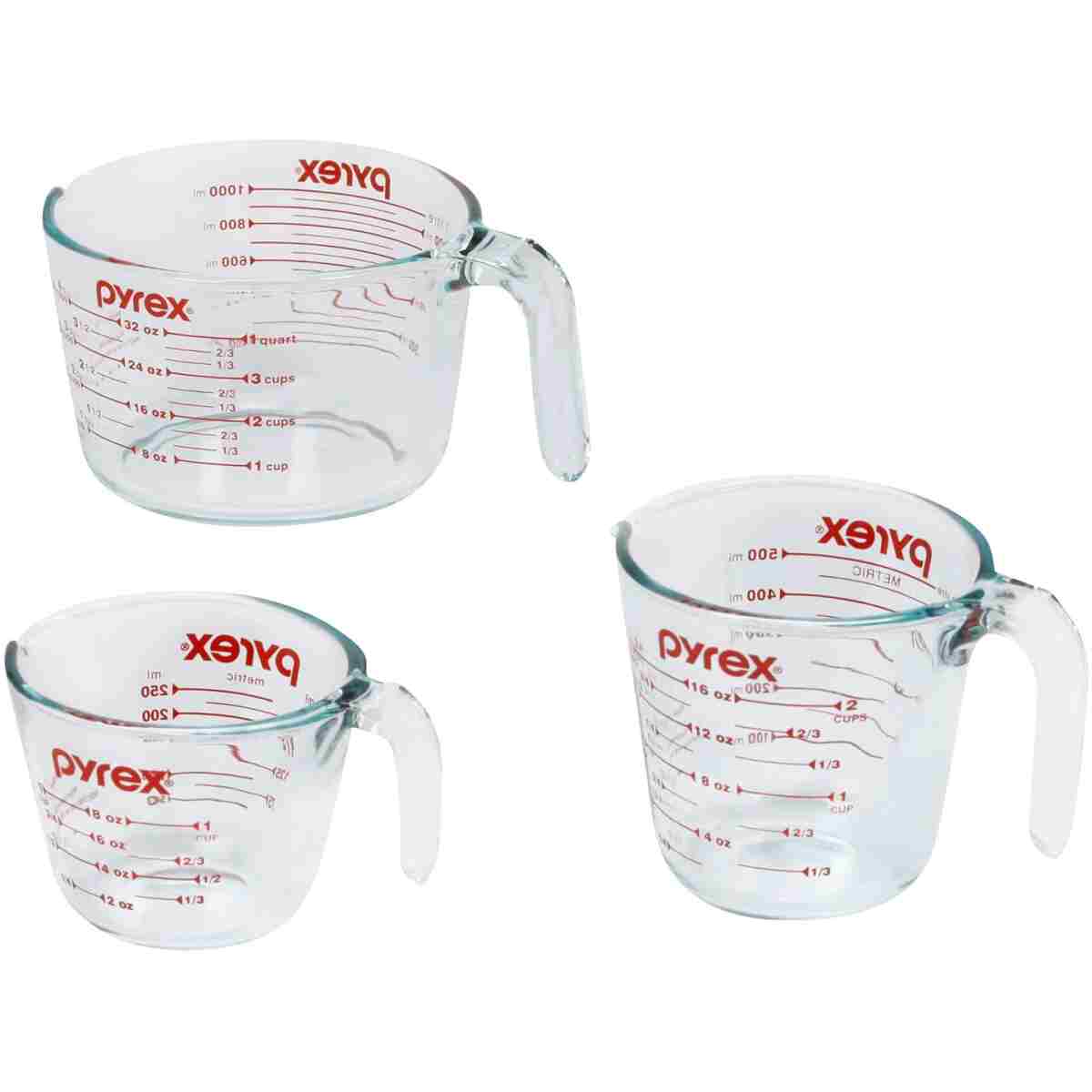 Pyrex Essentials (3-Pack) Glass Measuring Cups Set, (1, 2 & 4 Cup) Measuring Cups For Prepping, Baking and Cooking, Preheated Oven, Dishwasher, Freezer, and Microwave Safe