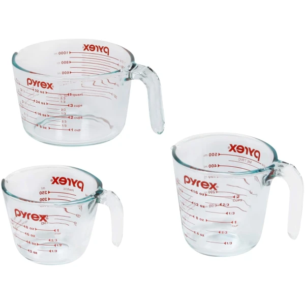 Pyrex Essentials (3-Pack) Glass Measuring Cups Set, (1, 2 & 4 Cup) Measuring Cups For Prepping, Baking and Cooking, Preheated Oven, Dishwasher, Freezer, and Microwave Safe