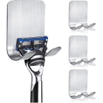 Razor Holder for Shower, 4 Pack Stainless Steel Razor Holder Hooks, Waterproof Self-Adhesive Shaver Holder Hanger Hooks for Bathroom Kitchen to Organize Loofah Robe Towel Plug Coat