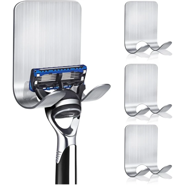 Razor Holder for Shower, 4 Pack Stainless Steel Razor Holder Hooks, Waterproof Self-Adhesive Shaver Holder Hanger Hooks for Bathroom Kitchen to Organize Loofah Robe Towel Plug Coat