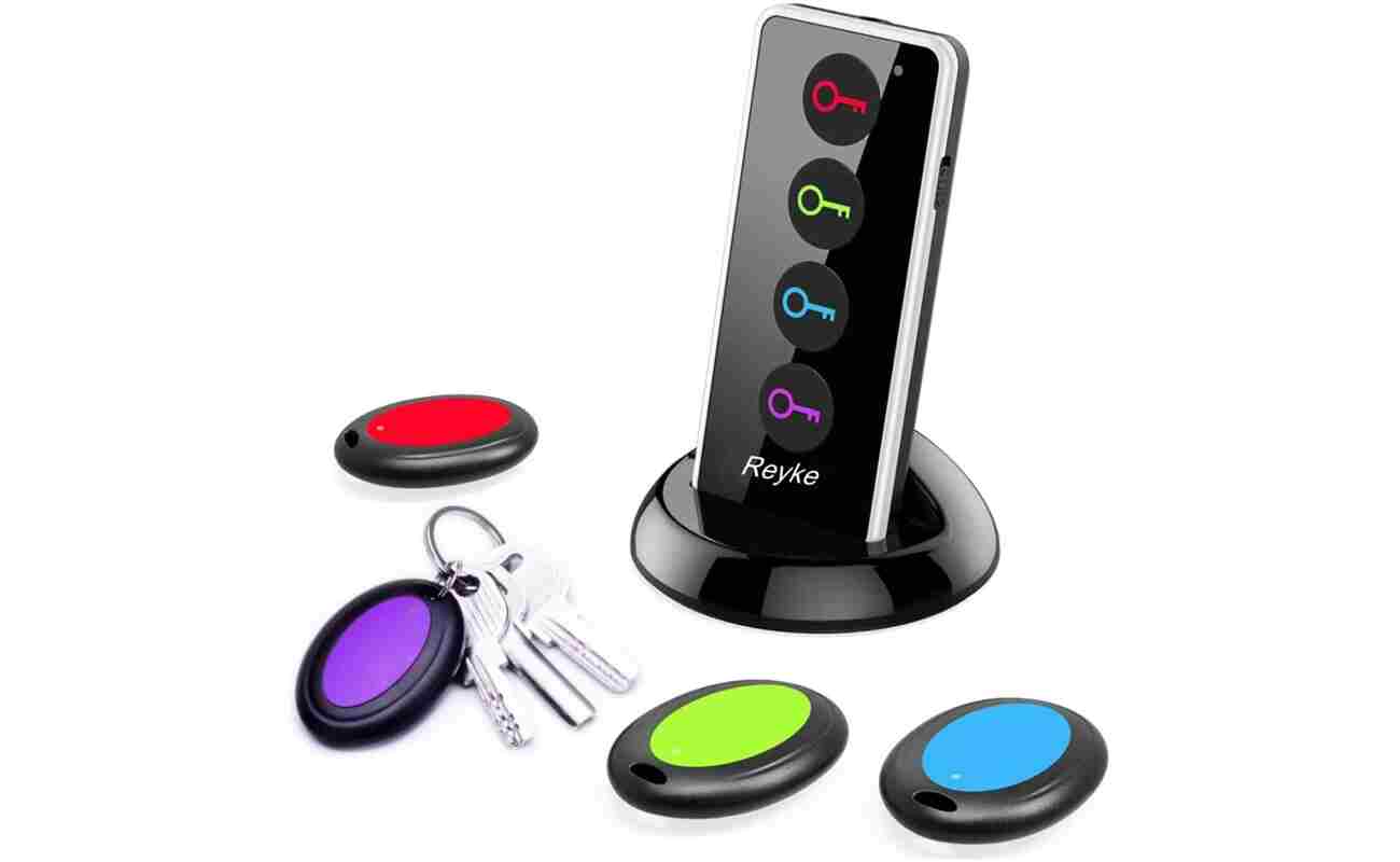 Reyke Key Finder, 80dB+ RF Item Locator Tags with 131ft. Working Range, Wireless Remote Tracker for Wallet, Phone, Glasses, Pet, 1 RF Transmitter & 4 Receivers
