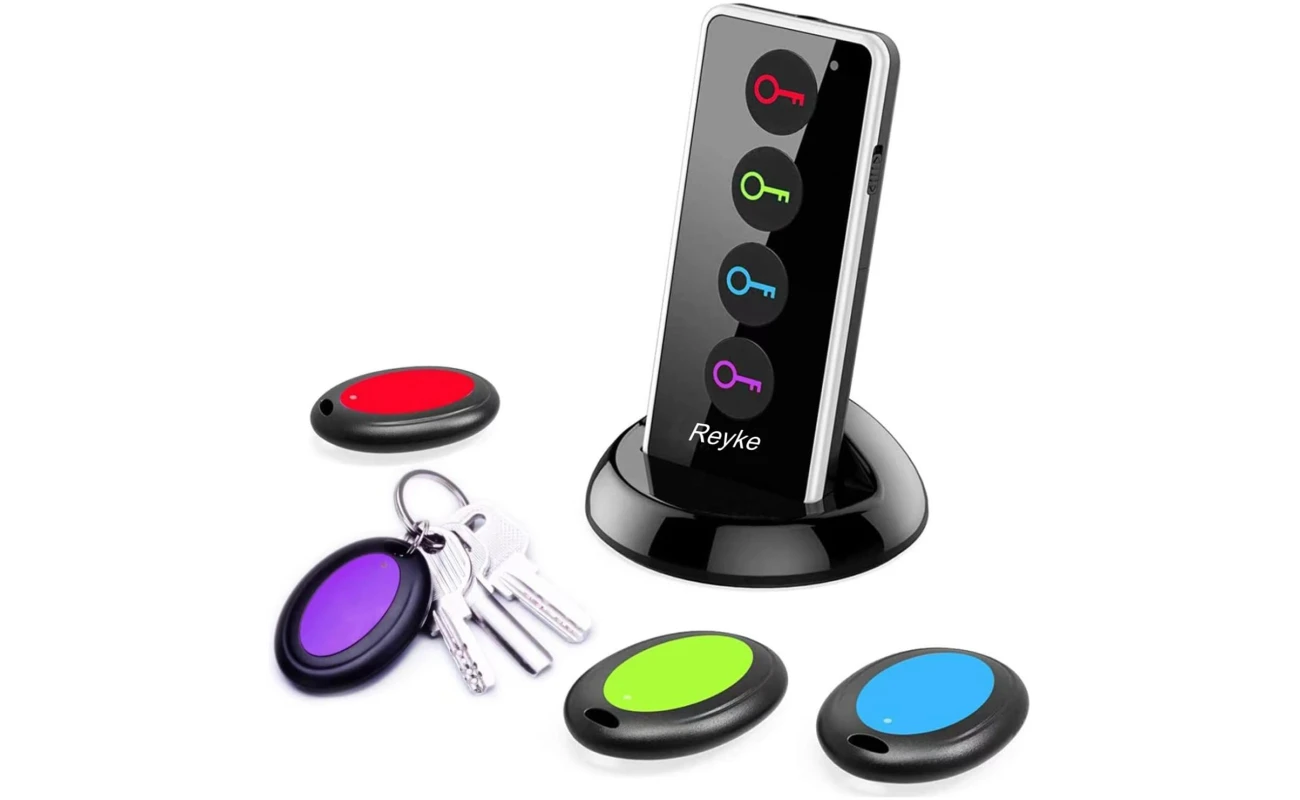 Reyke Key Finder, 80dB+ RF Item Locator Tags with 131ft. Working Range, Wireless Remote Tracker for Wallet, Phone, Glasses, Pet, 1 RF Transmitter & 4 Receivers