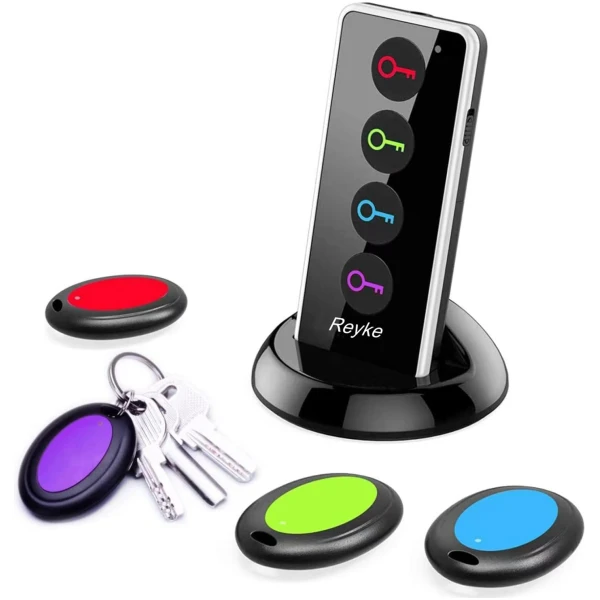 Reyke Key Finder, 80dB+ RF Item Locator Tags with 131ft. Working Range, Wireless Remote Tracker for Wallet, Phone, Glasses, Pet, 1 RF Transmitter & 4 Receivers