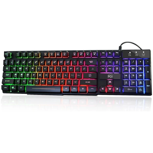 Rii RK100+ Multiple Color Rainbow LED Backlit Large Size USB Wired Mechanical Feeling Multimedia PC Gaming Keyboard,Office Keyboard for Working or Primer Gaming,Office Device