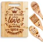 Riviera Bamboo Wood Cutting Board with Wooden Spoons For Cooking, Mothers Day Gifts for Mom – Set of 3 Cooking Spoons as Mother's Day Gifts With Bamboo Cutting Board – Complete...