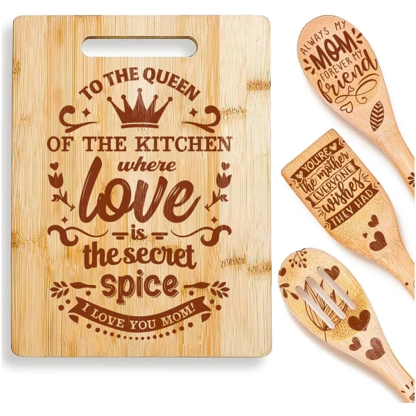 Riviera Bamboo Wood Cutting Board with Wooden Spoons For Cooking, Mothers Day Gifts for Mom – Set of 3 Cooking Spoons as Mother's Day Gifts With Bamboo Cutting Board – Complete...