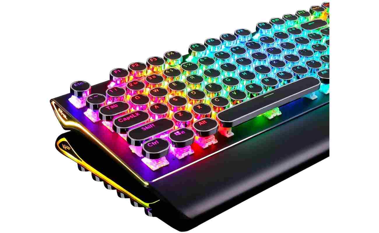 RK ROYAL KLUDGE S108 Typewriter Keyboard, Retro Mechanical Gaming Keyboard Wired 108 Keys with RGB Backlit Sidelight, Detachable Wrist Rest, Round Keycaps Blue Switches - Black