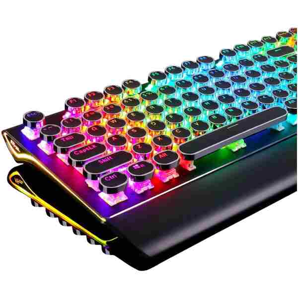 RK ROYAL KLUDGE S108 Typewriter Keyboard, Retro Mechanical Gaming Keyboard Wired 108 Keys with RGB Backlit Sidelight, Detachable Wrist Rest, Round Keycaps Blue Switches - Black