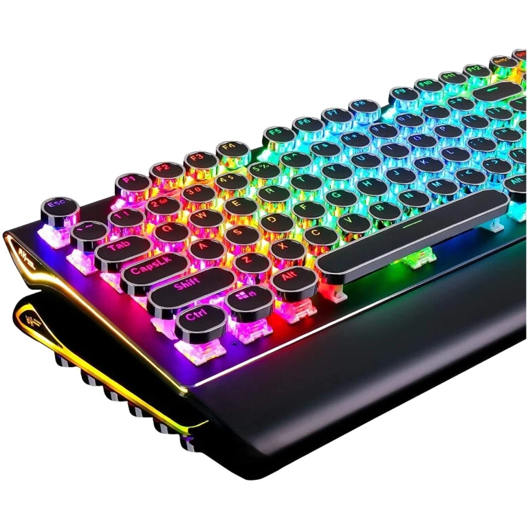 RK ROYAL KLUDGE S108 Typewriter Keyboard, Retro Mechanical Gaming Keyboard Wired 108 Keys with RGB Backlit Sidelight, Detachable Wrist Rest, Round Keycaps Blue Switches - Black