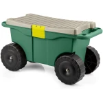 Rolling Garden Cart with Seat - Plastic Storage with Bench and Interior Tool Tray - Gardening Stool for Weeding and Planting By Pure Garden (Green)