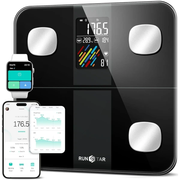 Runstar Smart Scale for Body Weight and Fat Percentage, High Accuracy Digital Bathroom Scale with Large Display for BMI Heart Rate 15 Body Composition Analyzer Sync with Fitness...