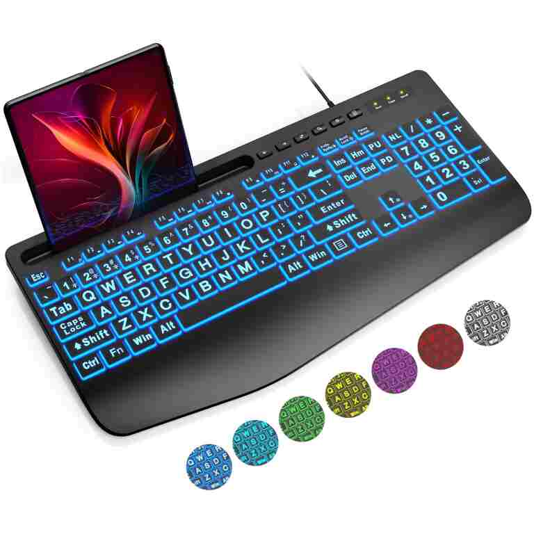 SABLUTE Large Print Backlit Computer Keyboards, Wired Lighted USB Keyboards with 7-Color Backlit, Wrist Rest, Phone Holder, Easy to Read and Type for Laptop, PC, Windows, Desktop