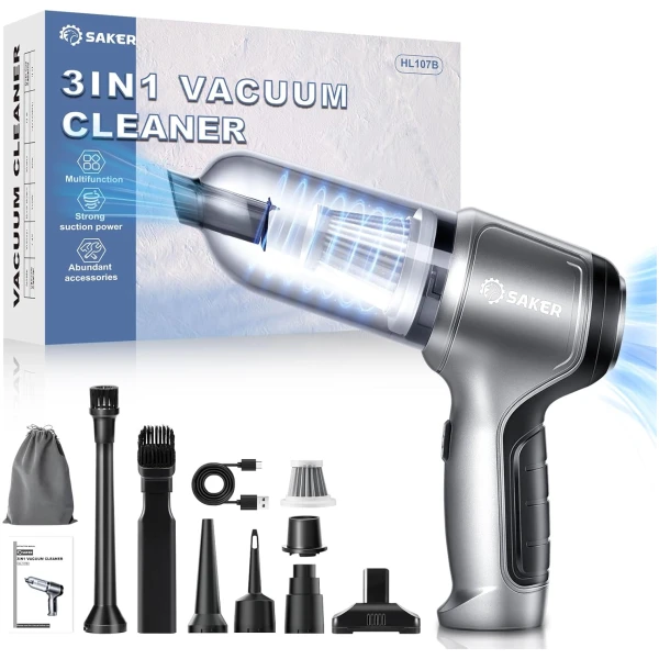 Saker Car Vacuum Portable Cordless 3 in 1 Handheld Car Vacuum 15000PA High Power with Brushless Motor and TypeC for Cars,Office,Home Cleaning HL107B