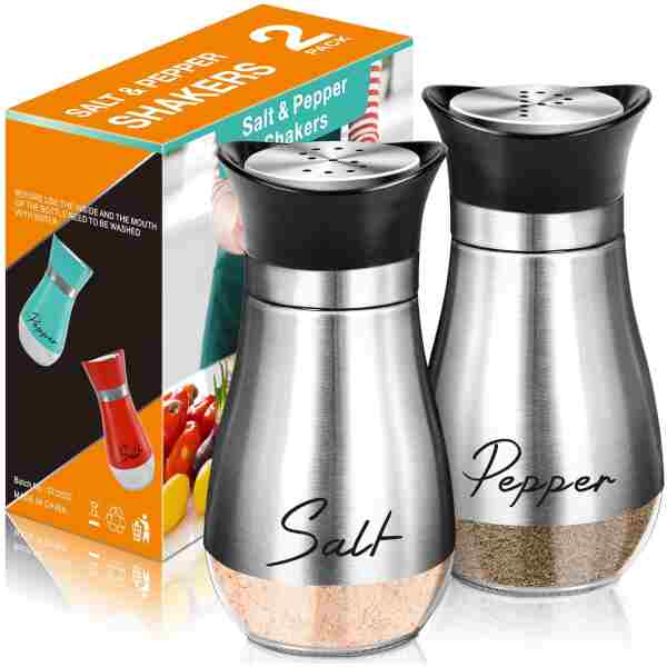 Salt and Pepper Shakers Set,4 oz Glass Bottom Salt Pepper Shaker with Stainless Steel Lid for Kitchen Gadgets Cooking Table, RV, Camp,BBQ Refillable Design (Silver)
